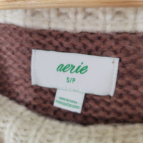 AERIE Brown Chunky Knit Sweater Sz S Fair Isle Nordic Aztec Wool Blend Longline - Picture 8 of 11